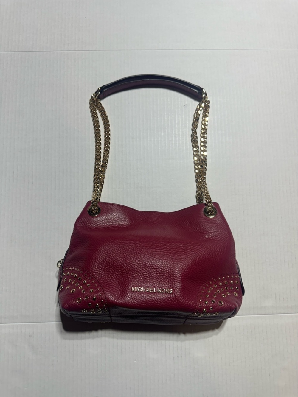 Michael Kors Rose burgundy Jet Set Pebbled Leather Shoulder Bag Gold stud Chain